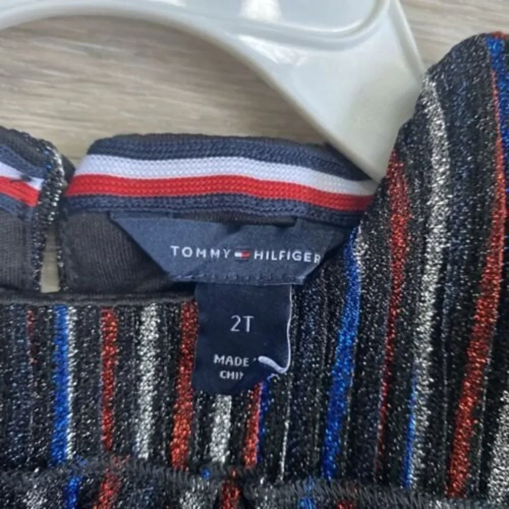 Tommy Hilfiger Kids Metallic 4th July Red Blue Striped Ruffle Dress Sz 2T Girls